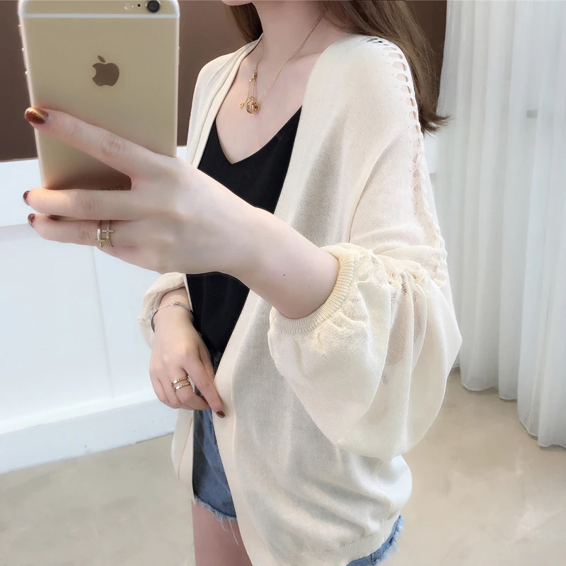 Thin knit cardigan female 2019 new spring summer Lace V neck solid sweater casual cardigans hollow loose shawl coat