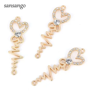 

10pcs Fashion Gold Alloy Crystal Love Heart ECG Link Charms Connector Pendant For Women DIY Charms Bracelet Jewelry Wholesale