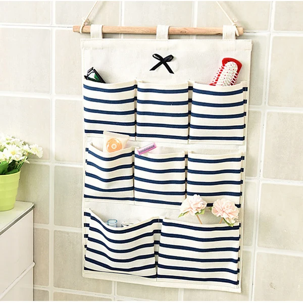 

Multi-pockets Striped Wall Hanging Linen Cotton Storage Bag Bathroom Shelf Pouch For Drop Ship