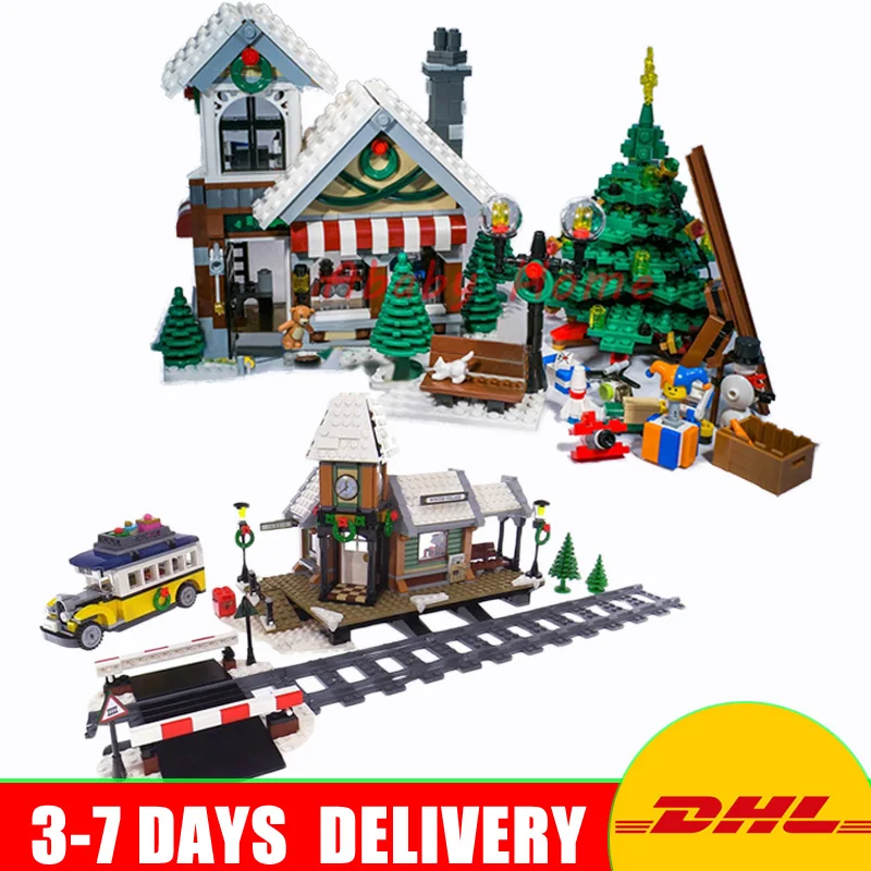 

Lepin Christmas Sets Blocks 36002 The Winter Toy Shop +36011 The Winter Village Train Model Bricks Toys Compatible 10249 10259