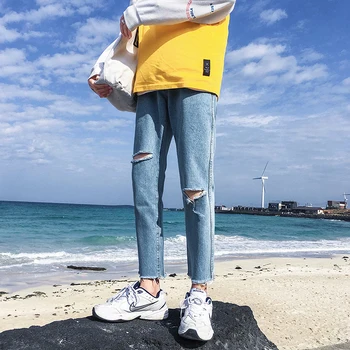 

Summer New Jeans Men Fashion Washed Solid Color Casual Denim Pants Man Streetwear Hip Hop Tear Hole Cowboy Trousers Male