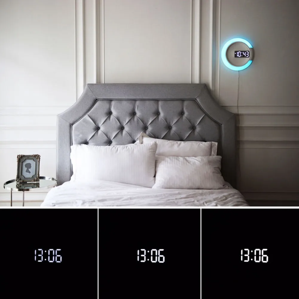 Espejo de LED hueco Relojes de pared hogar Decoración Multi-función de alarma de temperatura anillo de luz 4 colores Reloj de pared Digital Espejo de LED hueco Relojes de pared hogar Decoración Multi-función de alarma de temperatura anillo de luz 4 colores Reloj de pared Digital