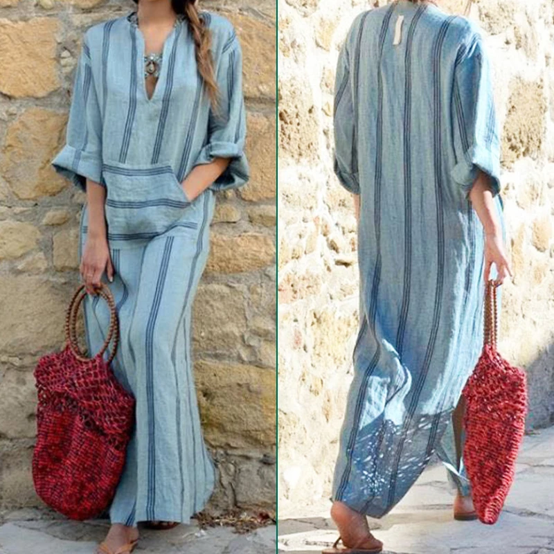 

Women Cotton Linen Long Maxi Dress Muslim Abaya Kaftan Shirt Dress Plus Size