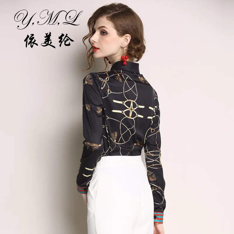 

European Grand Prix New Women Temperament Printed Top Versitile Fashion Lapel Long Sleeve Shirt European And American Shirt