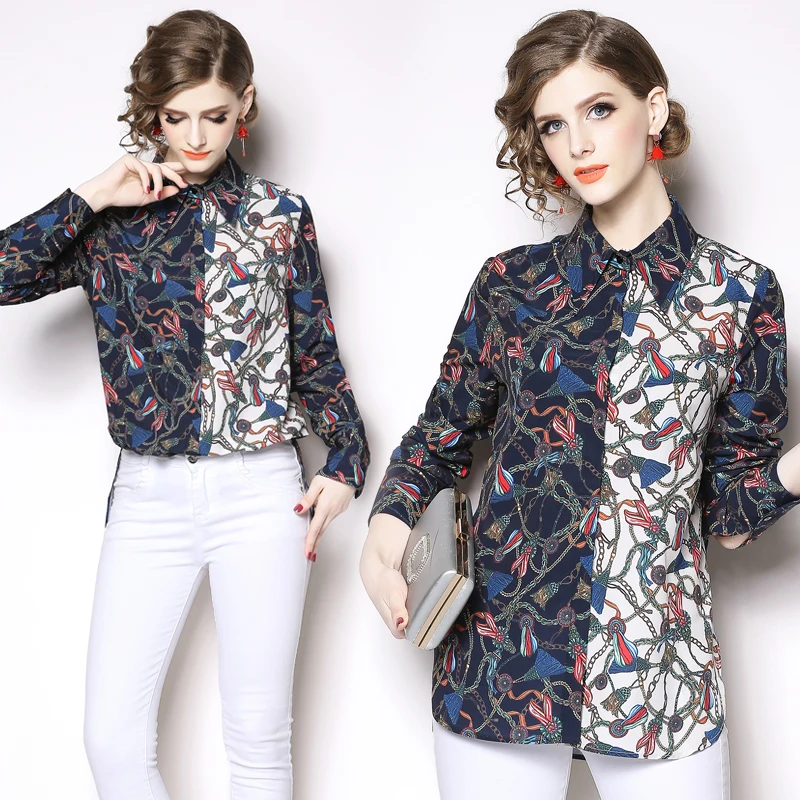 

Half Lapel Block chain flower print Shirt Women Tops Autumn Ladies Casual Bowknot Long Sleeve quality Blouse