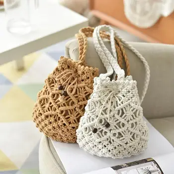 

Drawstring Women's Straw Bucket Bag Summer Woven Shoulder Bags Shopping Purse Beach Handbag Straw Handbags Travel Bag