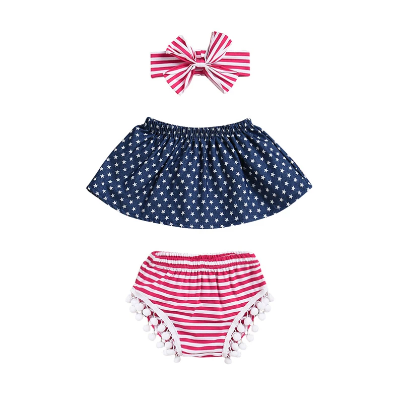 

2019 Newborn Toddler Infant Baby Girls Clothes Set Summer 4th July Sleeveless Tops Skirt Headband Striped 3PCS Outfits 0-24M