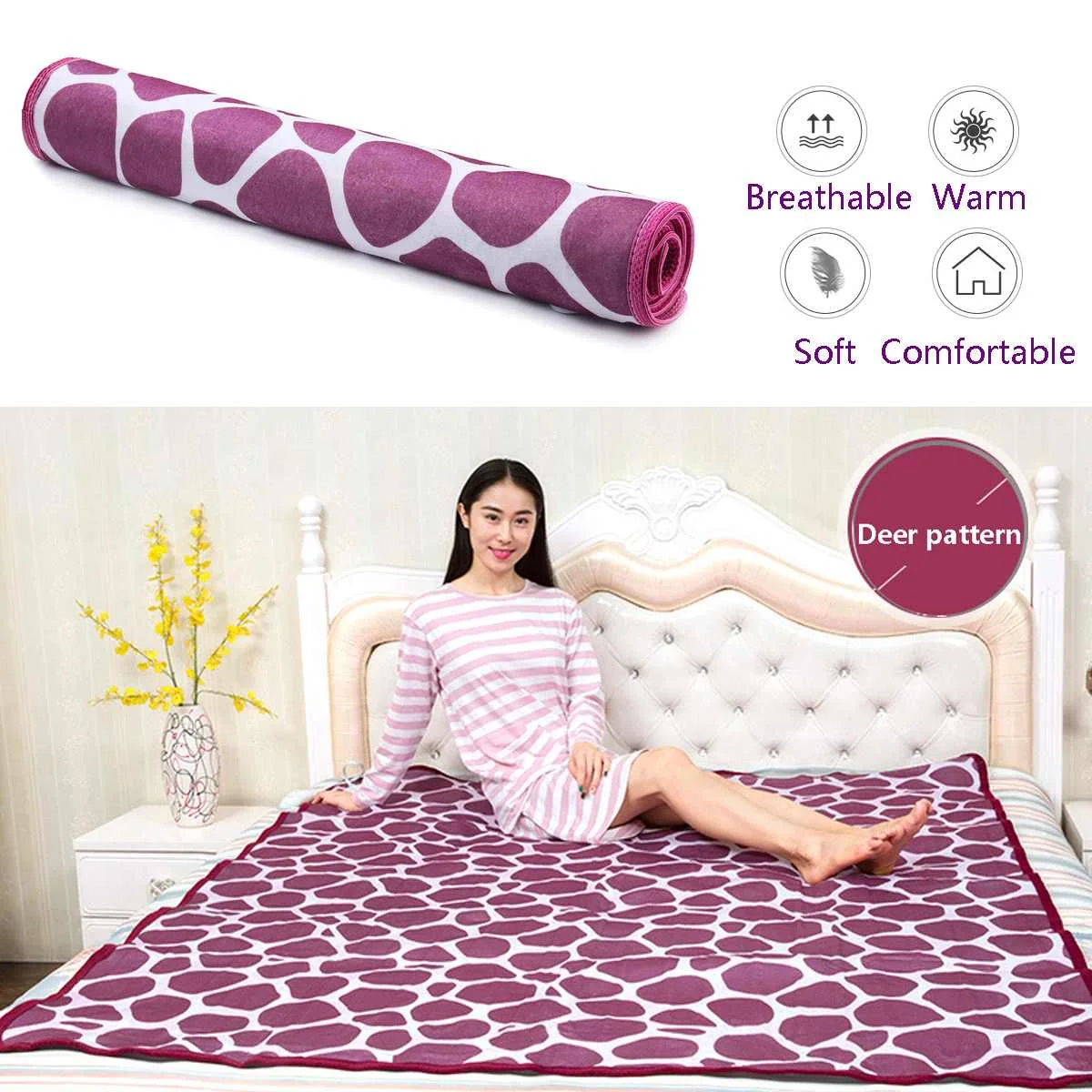 

220V King Size Bed Electric Heated Blanket Heating Mat Winter Warmer Thermostat Tree pattern Deer Pattern Breathable 120x150cm