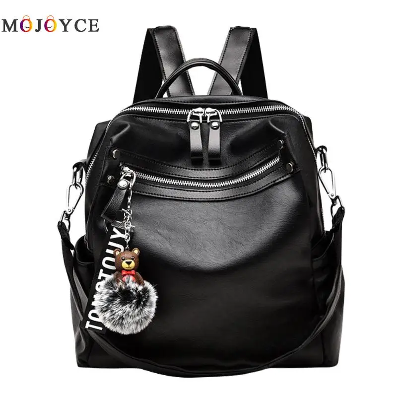 

2 ways Using Classic Bear Hair Ball Decor PU Leather Backpack Travel School Student Women Backpack