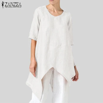 

Asymmetrical Tops Women's Linen Blouse 2020 ZANZEA Vintage Short Sleeve Shirts Female O Neck Solid Chemise Plus Size Woman Blusa