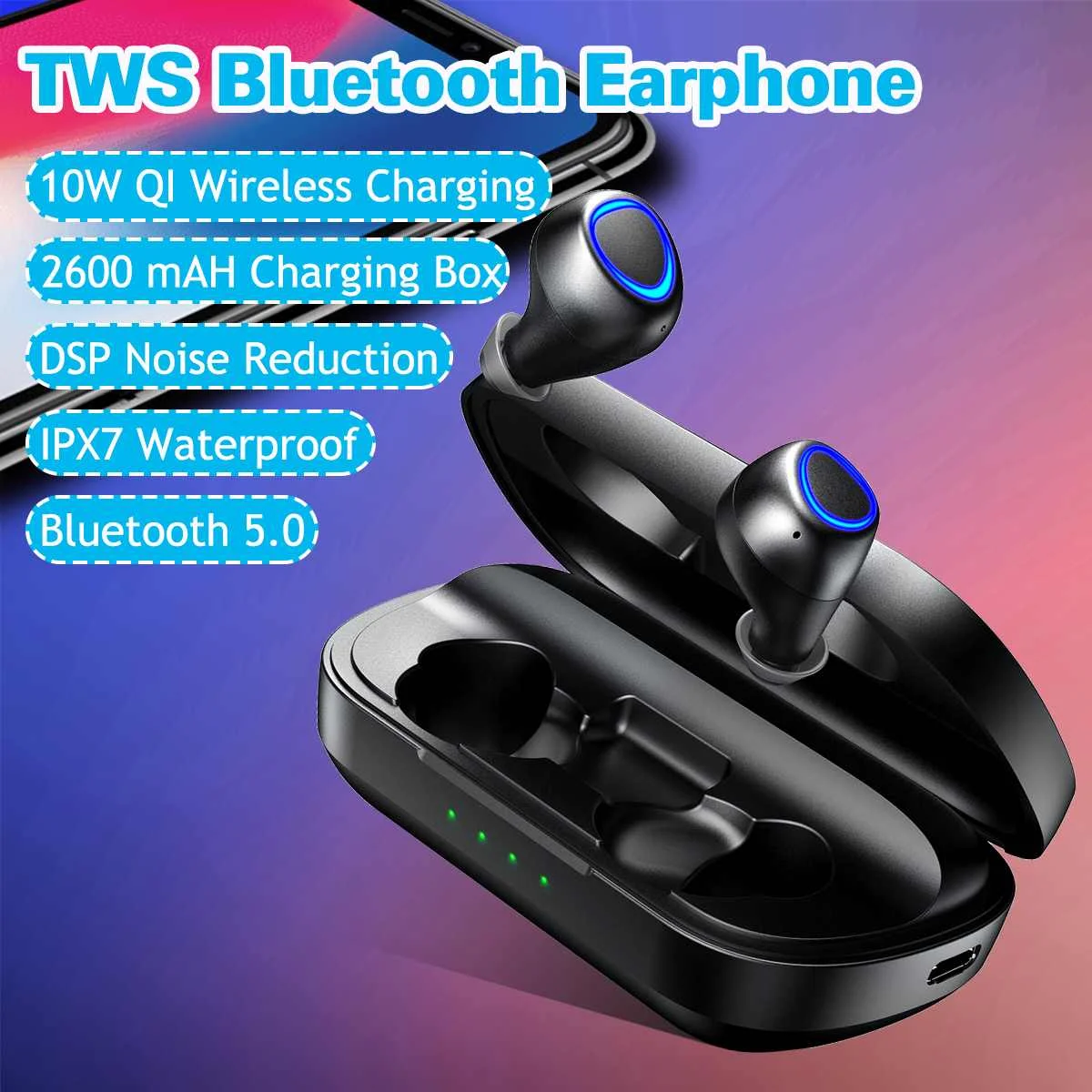 

DSP TWS IPX7 True Wireless bluetooth 5.0 Earphone Hi-Fi Stereo Sound Bilateral Calls Sport Earbuds Charging Box 10W QI Wireless