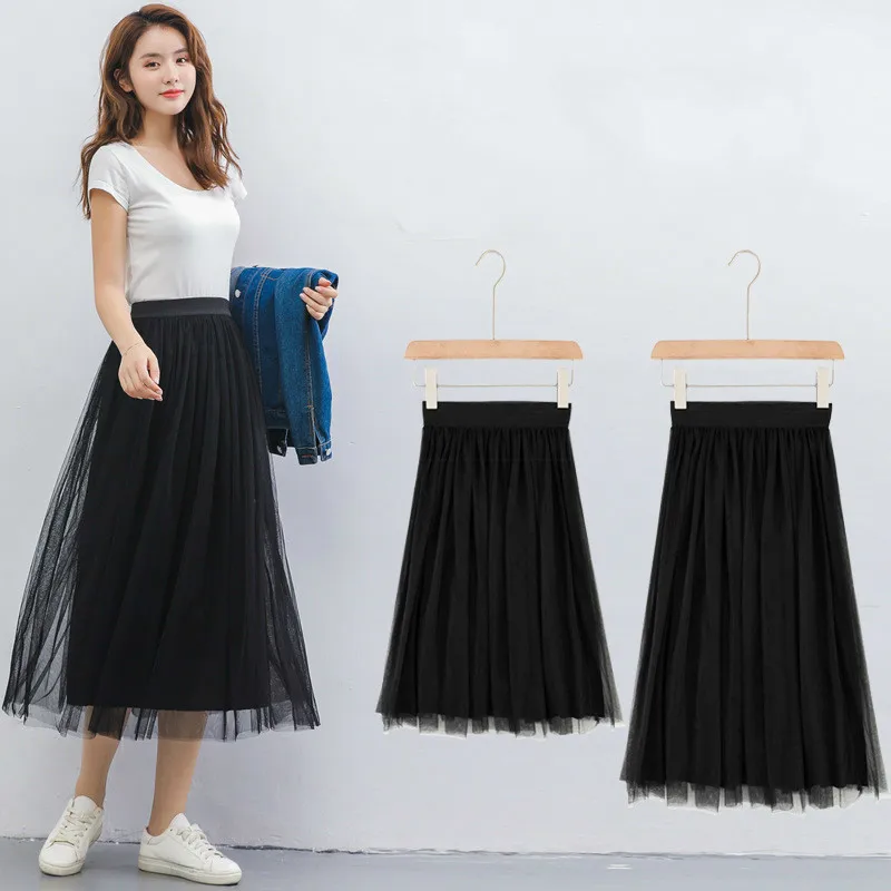 

Mesh Skirts summer 2019 new arrival High Waist pleated skirts two layers of mesh and one layer lining skirts women summer