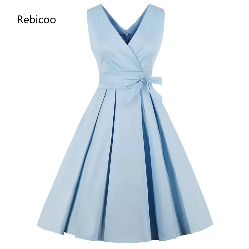 

Light Blue Red Pleated Plain Vintage Dress Women Sexy V Neck Party Dress Elegant Retro Summer Cotton Dresses