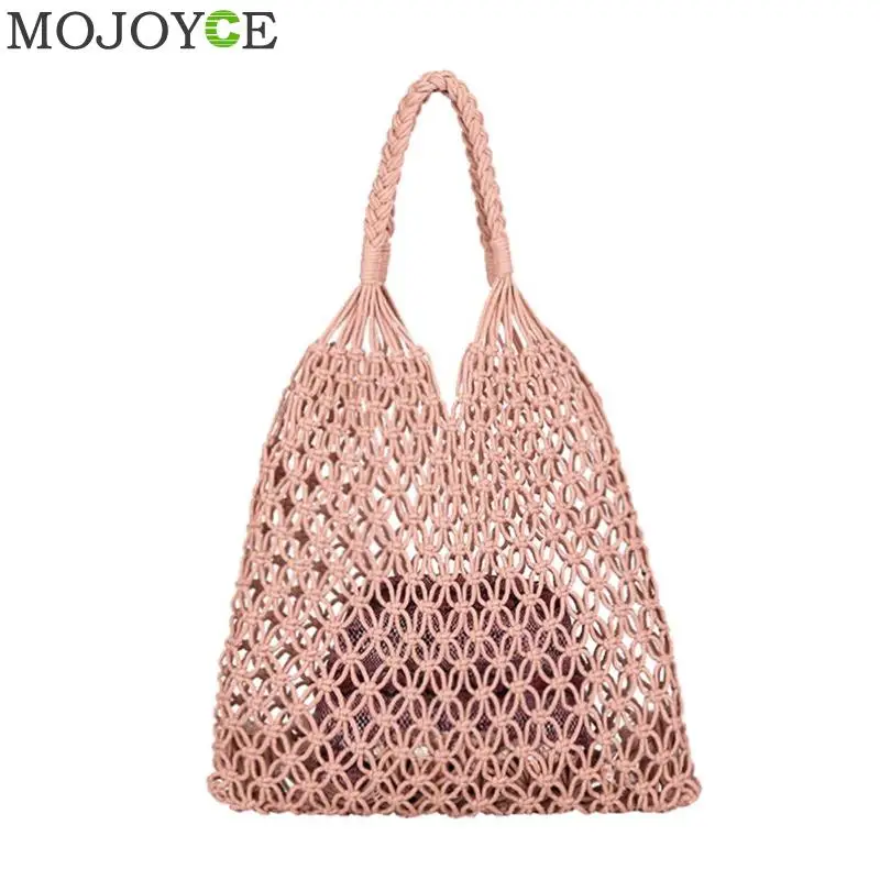 

2PCS/Set Fashion Popular Woven Bag Handbag Mesh Rope Weaving Tie Buckle Mesh Bag Hollow Straw Bags No Lined Net Shoulder Bags