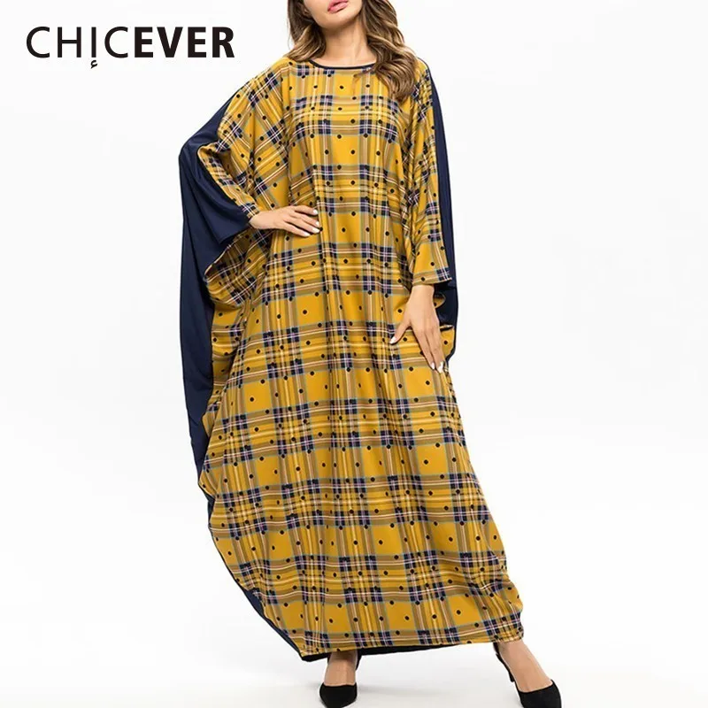 Женское клетчатое платье CHICEVER длинное оверсайз с о вырезом и рукавом летучая