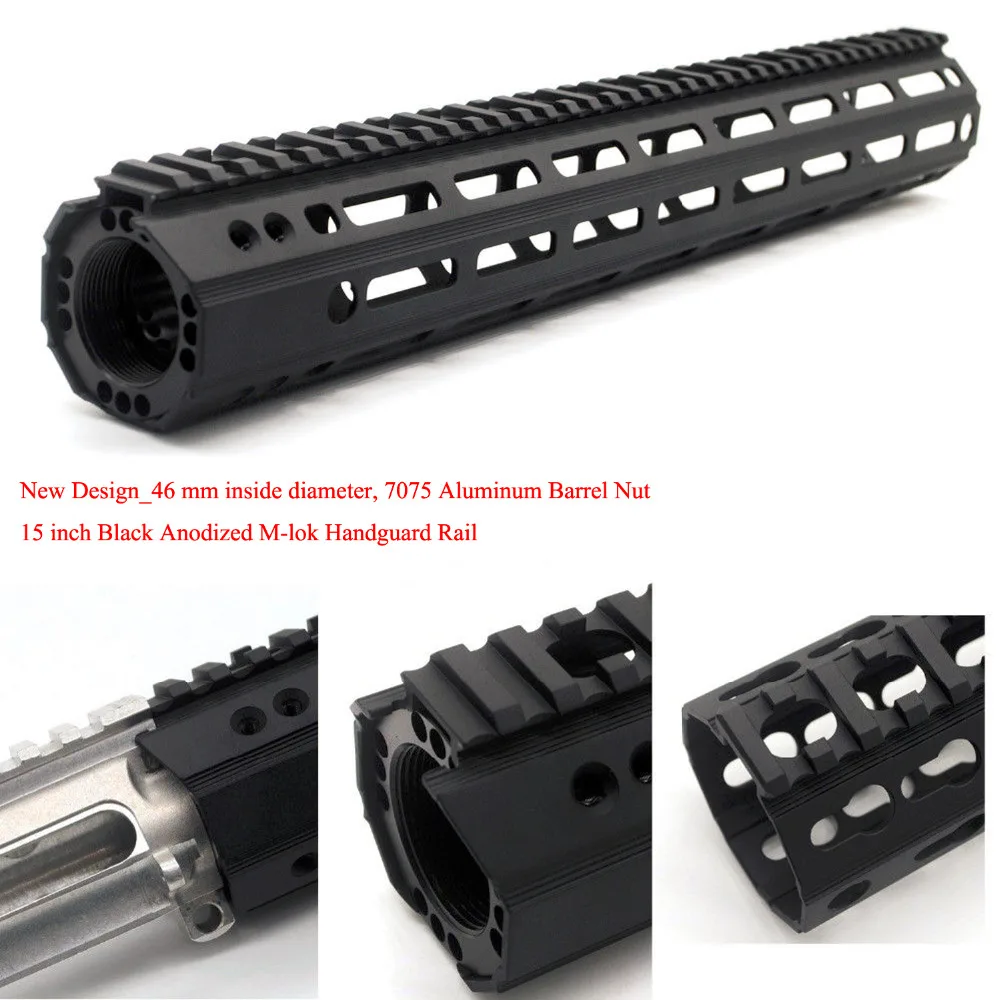 15 ''дюйма M-lok Handguard рельсовый прицел крепление Системы Новый Design_46 мм внутренний диаметр 7075 Алюминий баррель гайка черный анодированный