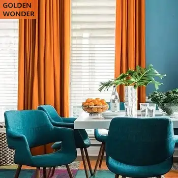 

Modern Chinese Style Pure Color Orange Velvet Curtains For Living Room Finished Curtain Customized Fabric