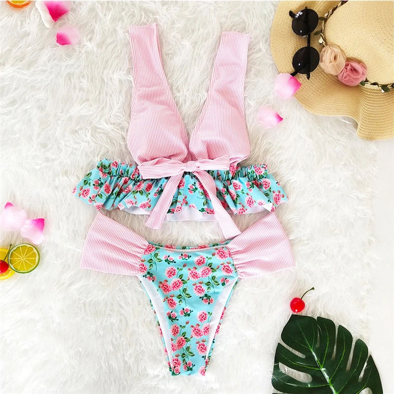 

Women Sexy Bikini Sets Push-Up Padded Bra Female Floral Swimwear Swimsuit Tassel Bathing Suit Beachwear