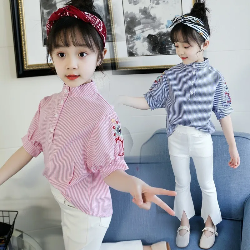 New 2019 Summer Girls Embroidery Floral Shirts Kids Cotton Striped ...