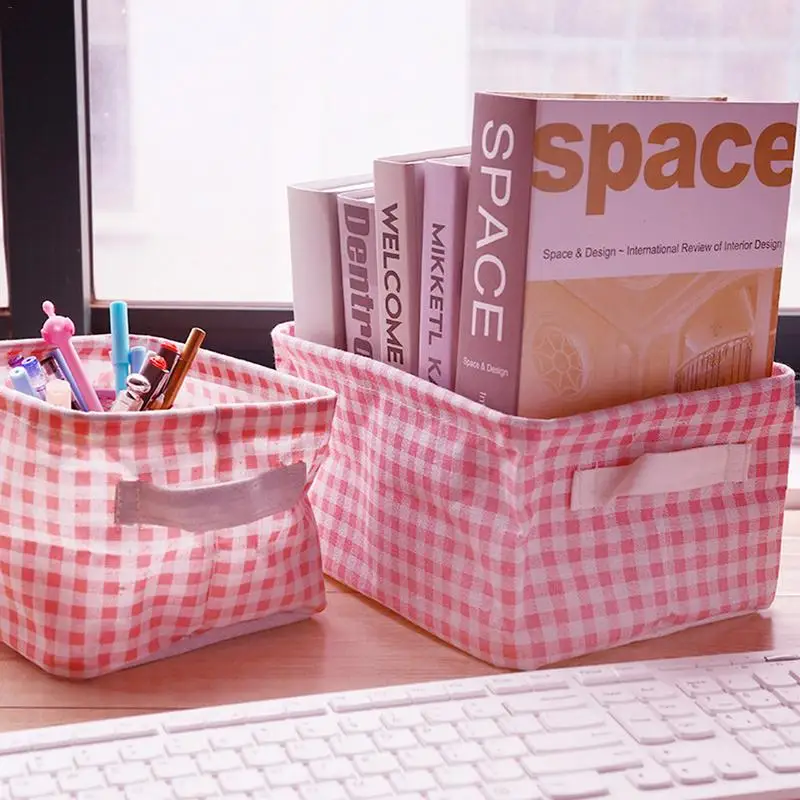 

Home Cotton Linen Storage Basket Girl Cute Pink Plaid Room Desktop Sundries Storage Box Cosmetic Toy Doll Organizer Basket