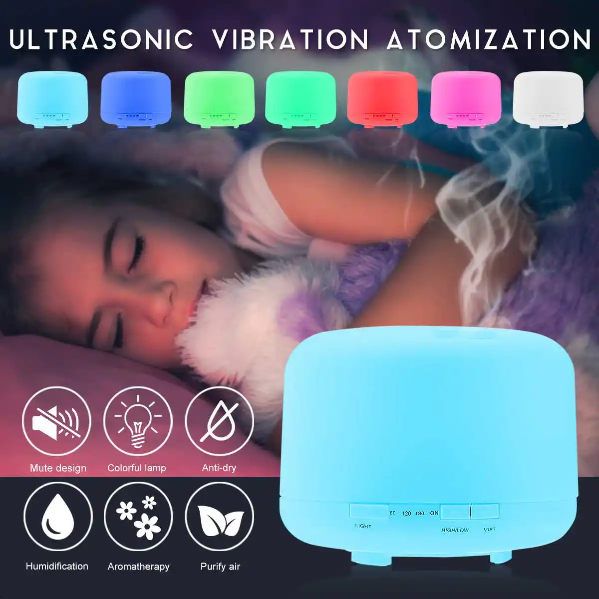 

500ml Aromatherapy Humidifier Aroma LED Colorful Light Oil Diffuser Air Purifier 100-240V 12W 500ML US Plug Auto Moisturize