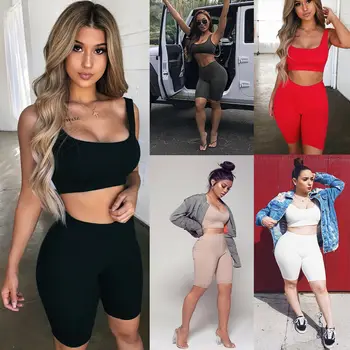 

Women's Bodycon 2 Pieces Outfit Straps Crop Tank Top High Waist Shorts Pants Solid Women Casual Skinny Clothes Set