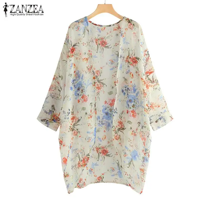 2019 ZANZEA Fashion Print Beach Cover Up Women's Summer Floral Kimono Cardigan Female Bohemian Chiffon Blouse Blusas Tunic Tops