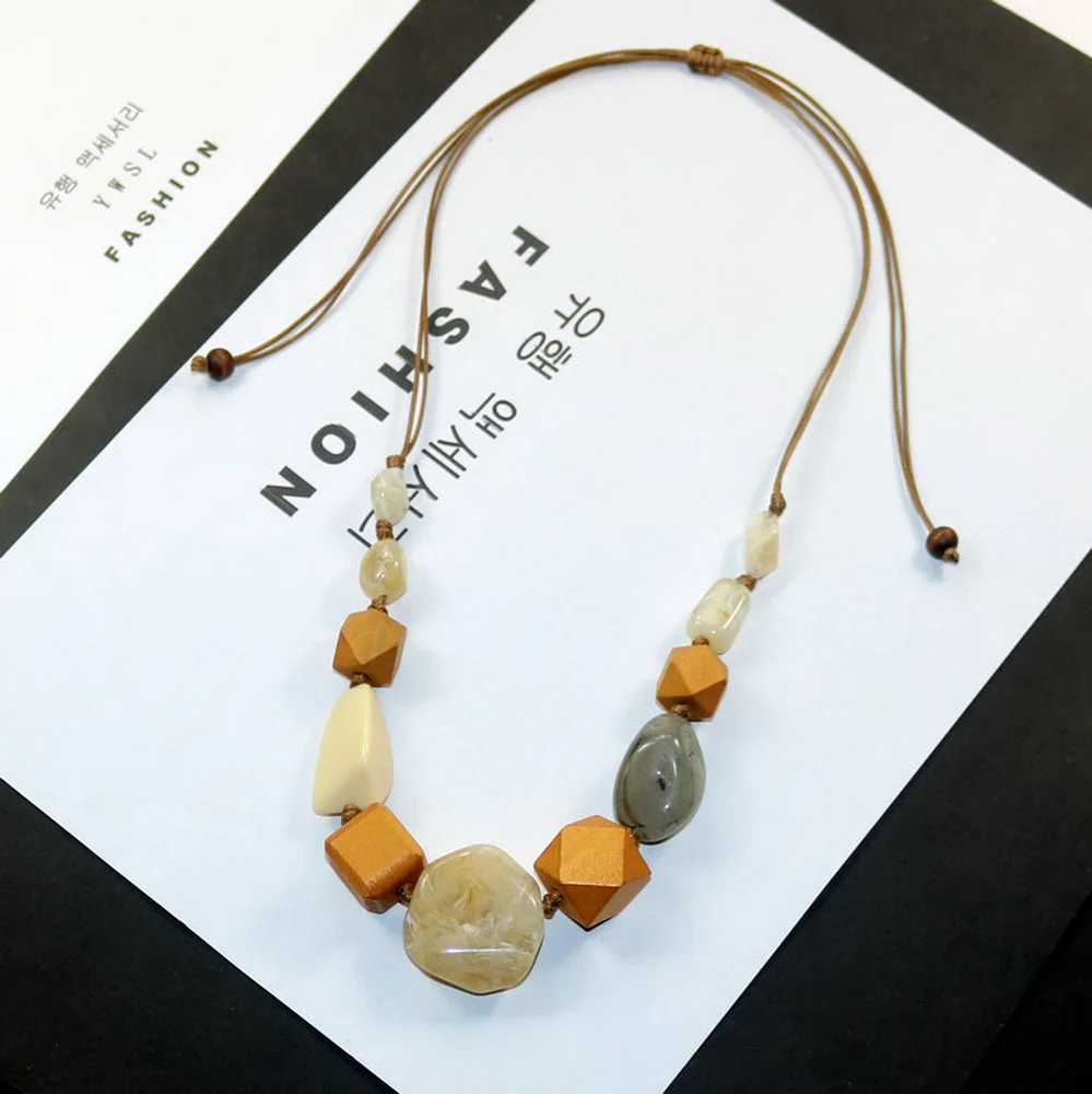 

2019 Fashion Woman Necklace Geometric Wood Resin Beads Pendant Necklaces Long Rope Chain Statement Mama Accessories Jewellery
