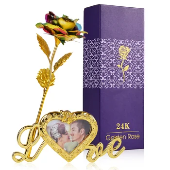 

Romantic Fake Rose Gold Foil Flower Valentine'S Day Gift With Box Photo Frame Base Send Wife Mother Birthday Gift Desk Decor