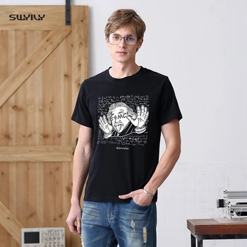 

SWYIVY Cotton Shirt Women O-neck 2019 Summer White Blouse T Shirt For Male Einstein Print Shirts