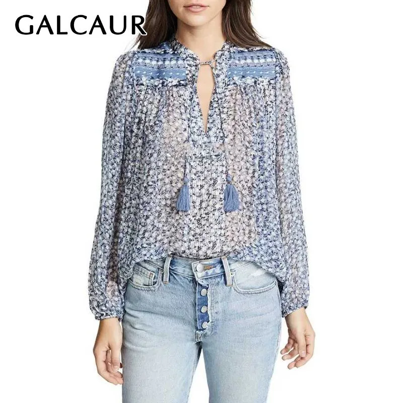 GALCAUR Summer Print Chiffon Blouse For Women O Neck Long Sleeve Tassel Bandages Loose Shirt Female Fashion 2020 Elegant | Женская