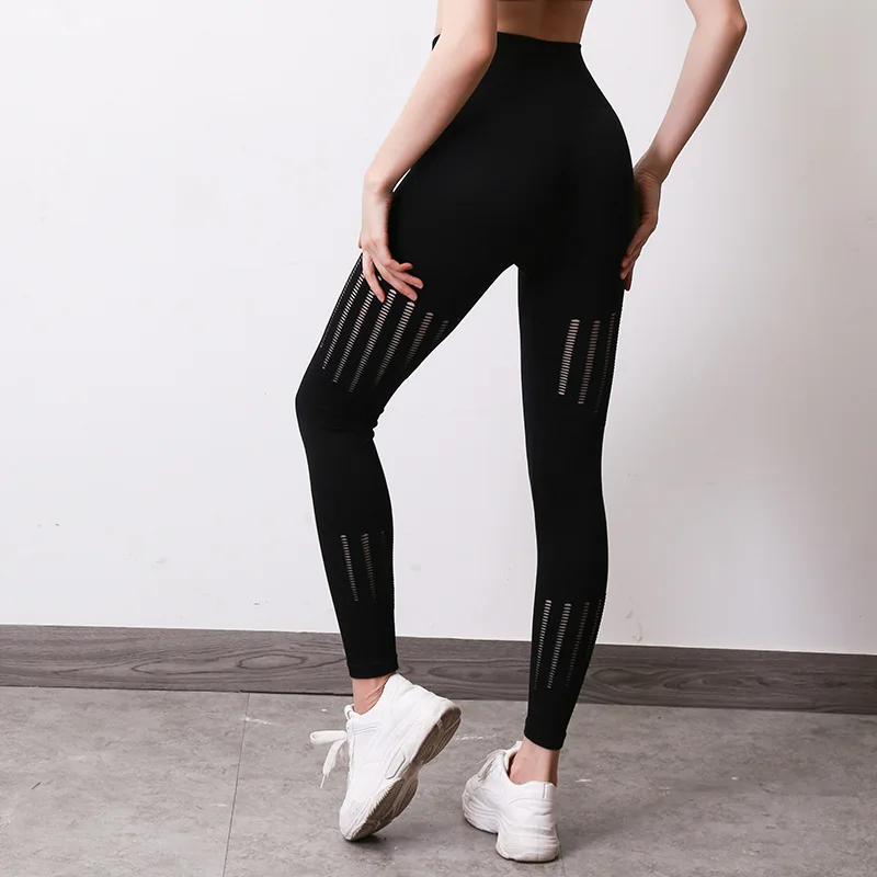 

CHRLEISURE Elastic High Waist Leggings Fitness Feminina Fashion Hollow Breathable Leggings Women Black Hip Leggings