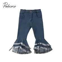 Фирменная Новинка модная одежда для новорожденных одежда для малышей брюки с клешем для девочек джинсовые брюки, рваные кнопка с кисточкой Высокая Талия синие штаны длинные брюки От 2 до 7 лет