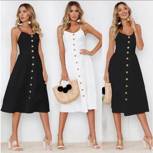 

Fashion Women Summer Boho Casual Swing Plain Spaghetti Strap Charming Lady Single Breasted Beach Dress Sundress