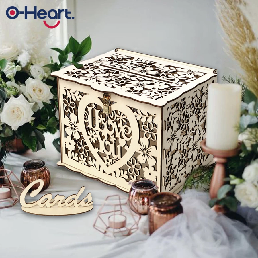 

OHEART Wedding Card Box With Lock ILOVEYOU Rustic Money Gift Box Check-in Table Decor Perfect Wedding Reception Supplies