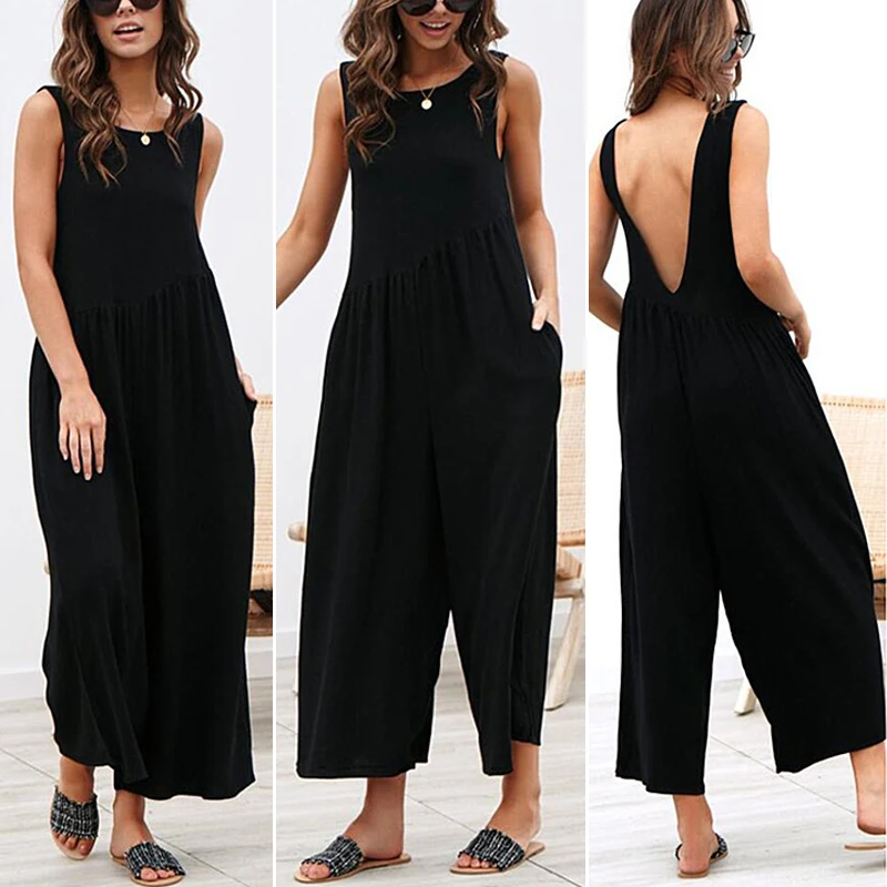 

Ladies Romper Round Neck Sleeveless Beach Loose Jumpsuit Backless Wide Leg Solid