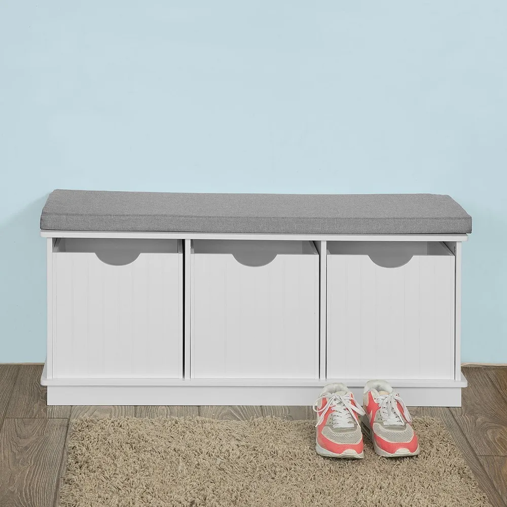 Wooden Storage Bench 3 Drawers Removable Seat Cushion Storage