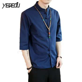 

#4407 Kimono Linen Shirt Men Mandarin Collar Fashion Three Quarter Sleeve Vintage Casual Plus Size M-5XL Linen Mens Kimono Shirt