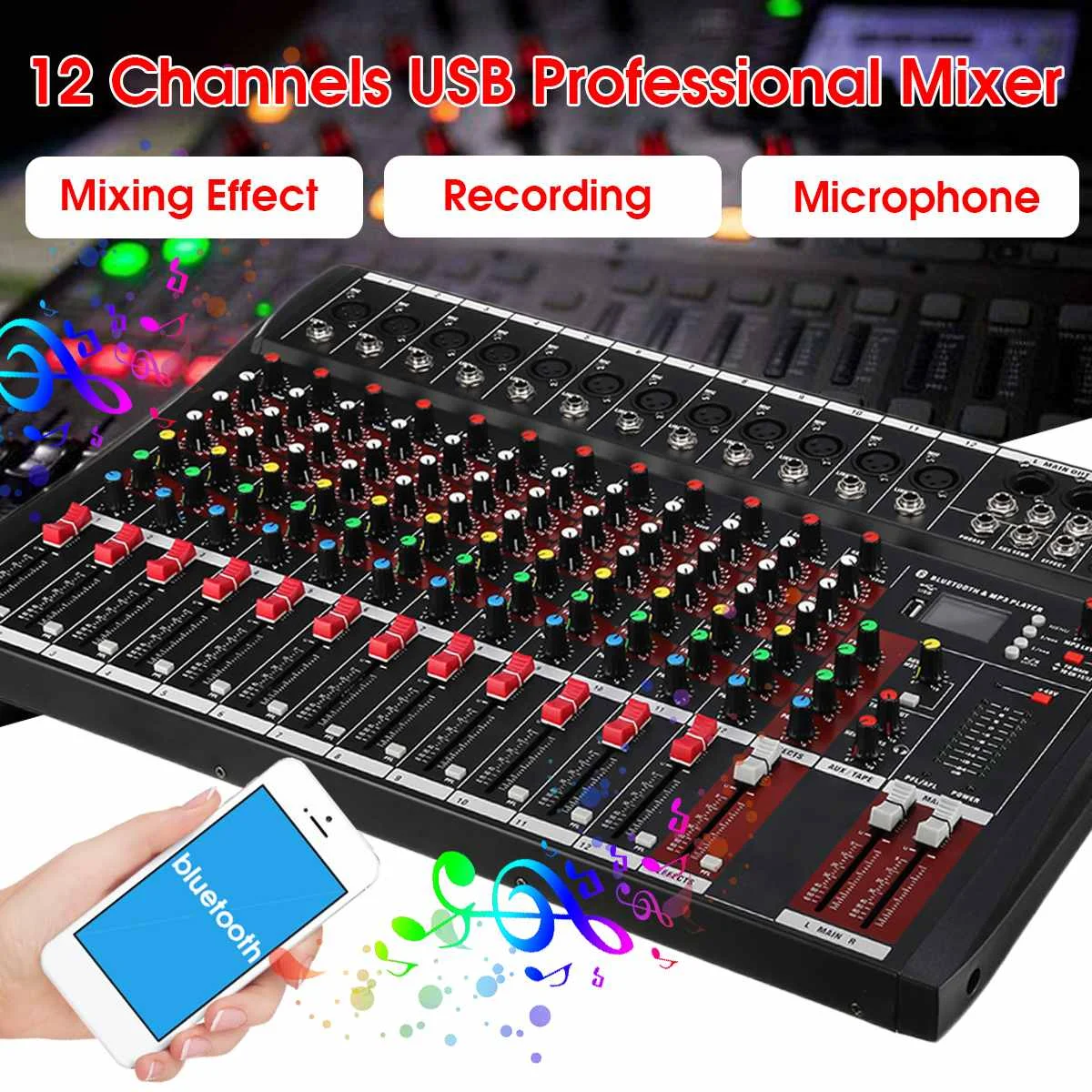 

12 Channel Karaoke Audio Mixer Professional Bluetooth Live Studio Mixing Console Digital Audio Mixer with USB 48V US Plug