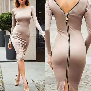

Casual Slim Bodycon Dress Women Summer Zippers Midi Split Dress 2020 Autumn Sexy Long Sleeve Knee-Length Elegant Party Vestidos