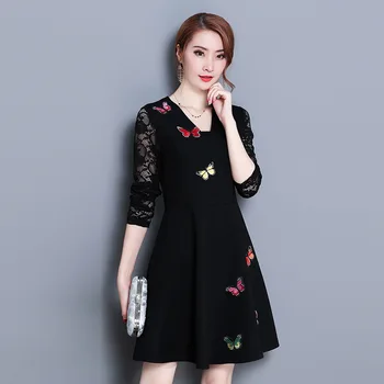 

2019 Autumn New Pattern Will Code Self-cultivation Thin V Word Lead Long Sleeve Lace Split Joint Embroidered Rendering Dress