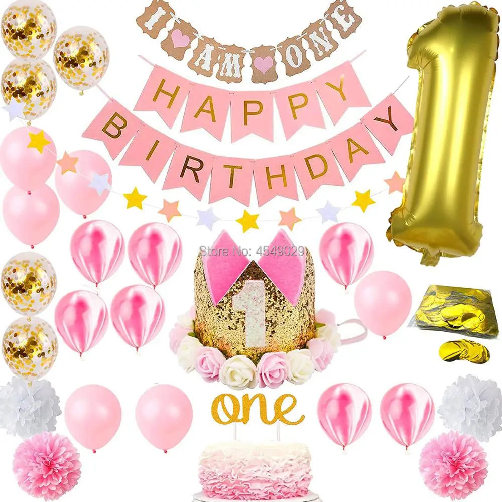 

Party 1st Birthday Decorations Set for Girl Pink and Gold First Baby Tiara Crown Hat One Cake Topper Foil Gold Confetti Balloons
