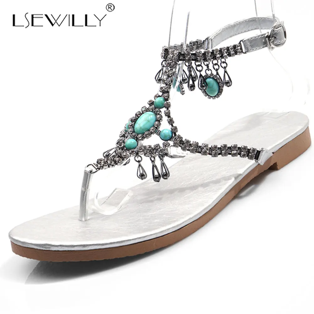 

Lsewilly Summer Luxurious Crystal Gladiator Sandals Women Flats Black Silver Beach Party Ladies Sandal Rhinestone Shoes E926