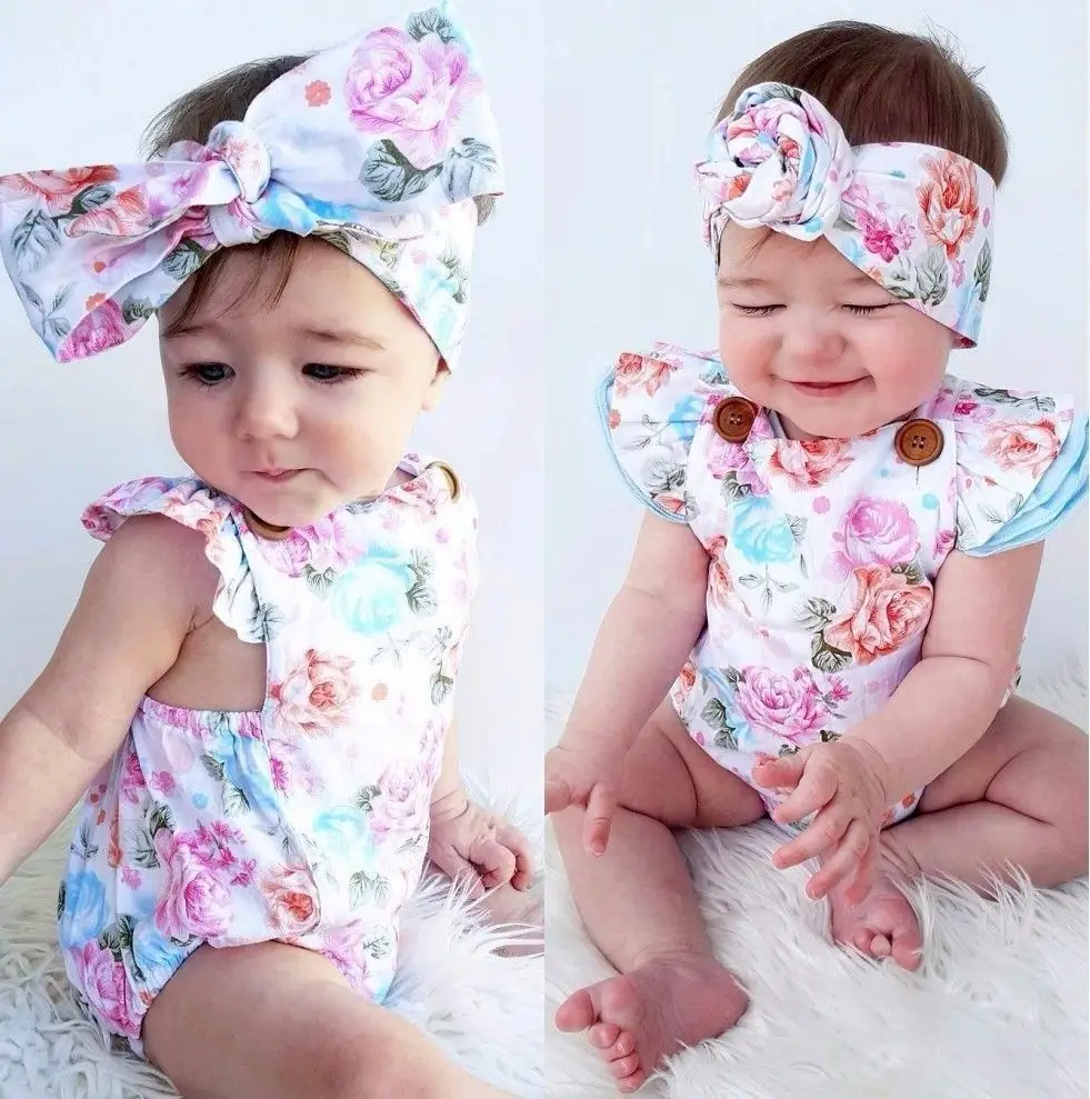 

2019 Summer Newborn Baby Girl Floral Bodysuit Cotton Sleeveless Casual Romper Jumpsuit Headband Sunsuit Outfit Set Wholesale Hot