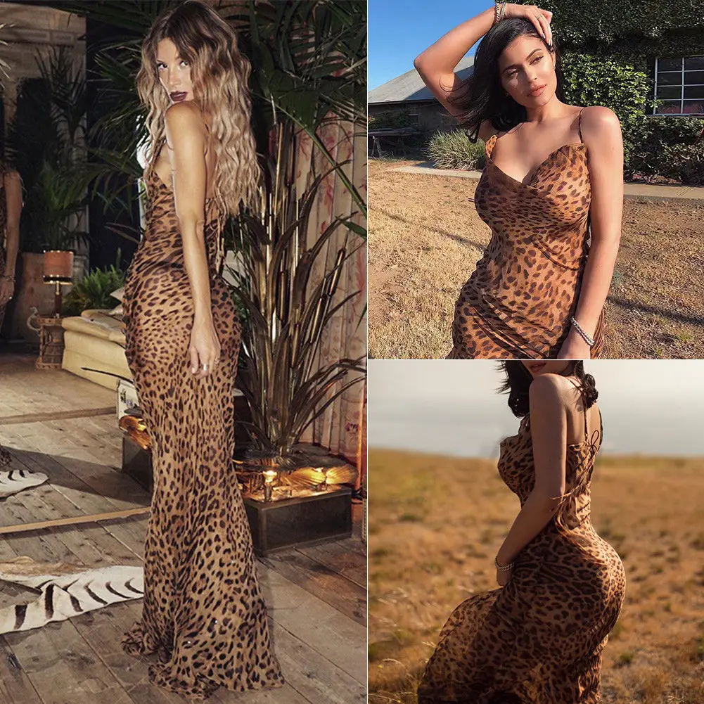 المرأة مثير ليوبارد أكمام Bodycon مساء حزب النادي فستان طويل الصيف حمالة الإناث Vestido
