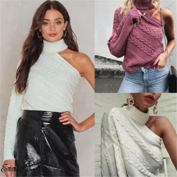 

Women Knitted One Shoulder Long Sleeve Sweater Stylish Stretchy Slim Fit Pullover Tops