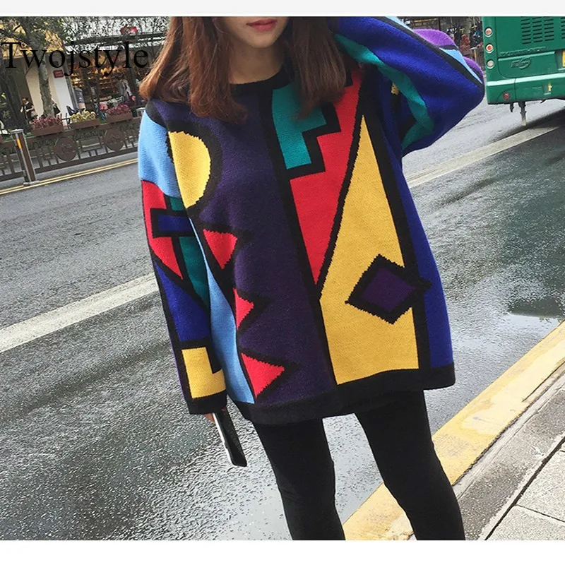 Twojstyle 2018 Autumn Winter Women Sleeve Knitwear Fashion Able Color Geometric Long Sleeved Round Collar Loose Knitted Sweater | Женская
