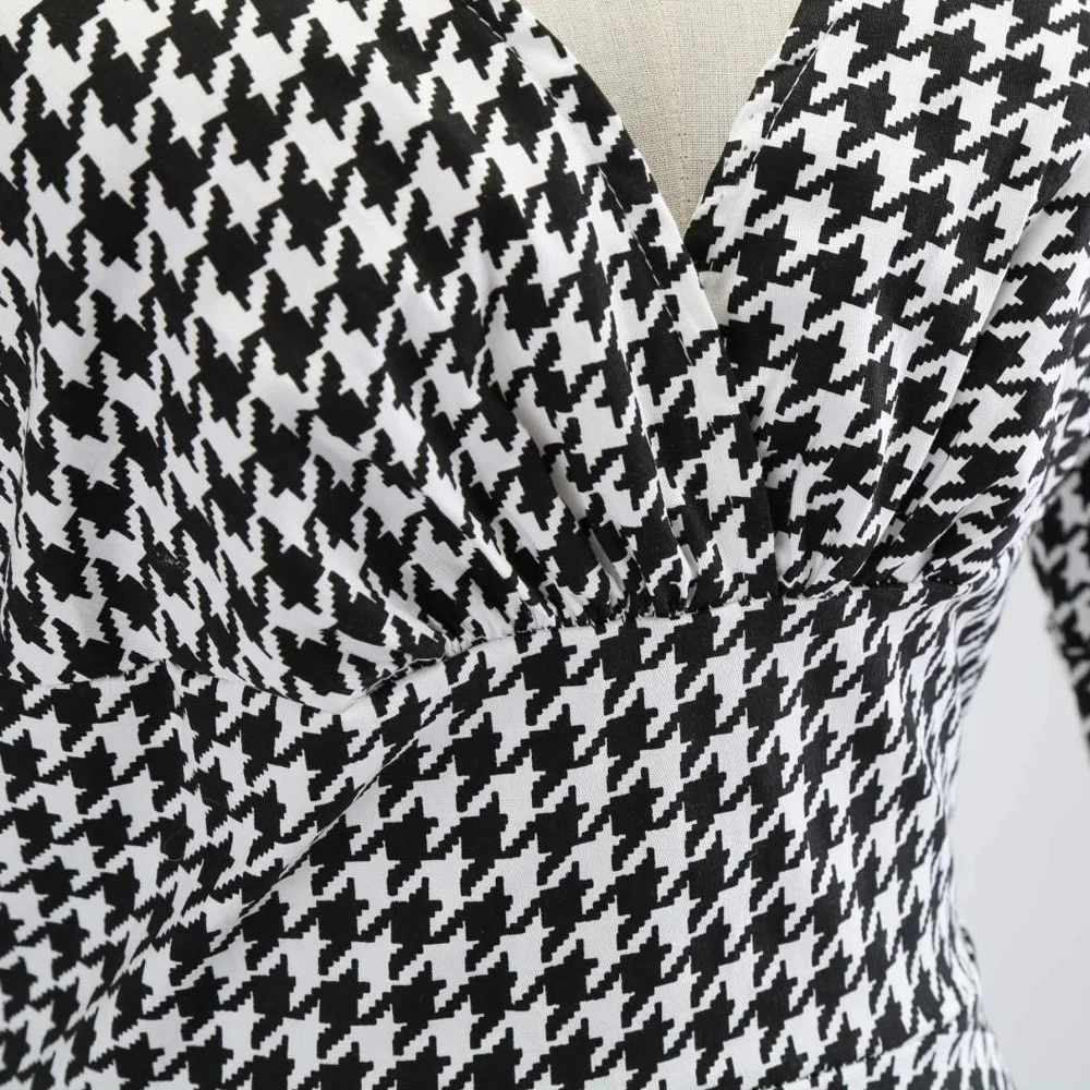Элегантное клетчатое Винтаж платье с v-образным вырезом, половина рукава в стиле ретро женское платье Vestidos черный и белый деловая модельная одежда в стиле Одри Хепберн, а-ля 60ые платья