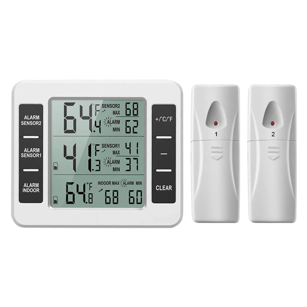 

Fridge Thermometer Digital Freezer Thermometer with Indoor Temperature Monitor 2 Wireless Sensors Refrigerator Audible Alarm