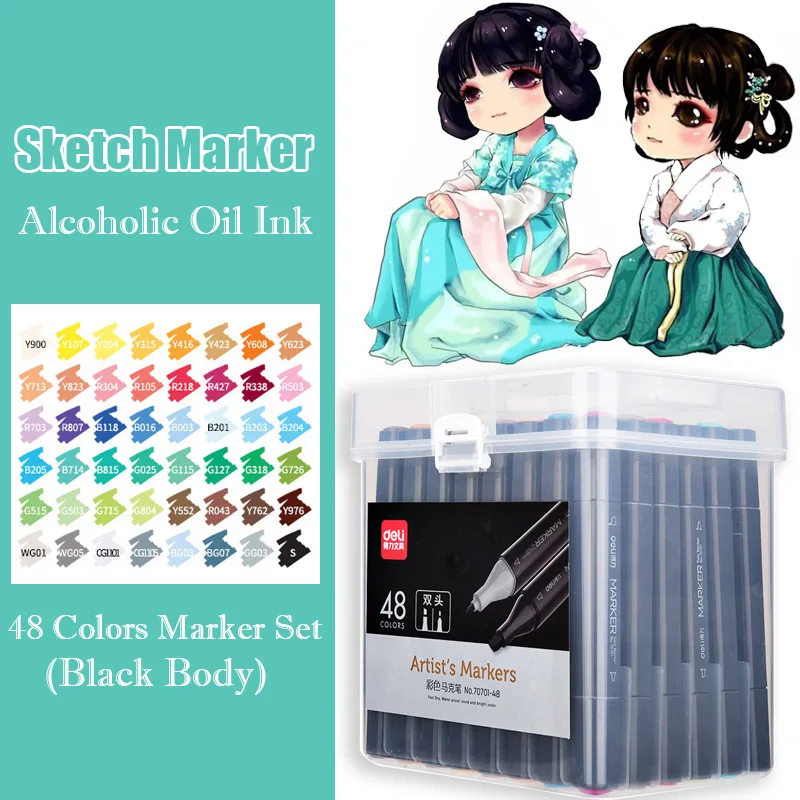 

48 Color Alcohol Based Art Markers Black Body Dual Head Drawing Sketch Marker Brush Pen For Manga Design Stationery Art Supplies